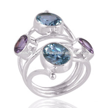 Blue Topaz &amp; Amethyst Double Stone Ring em Sterling Silver Unique Gift Ring
